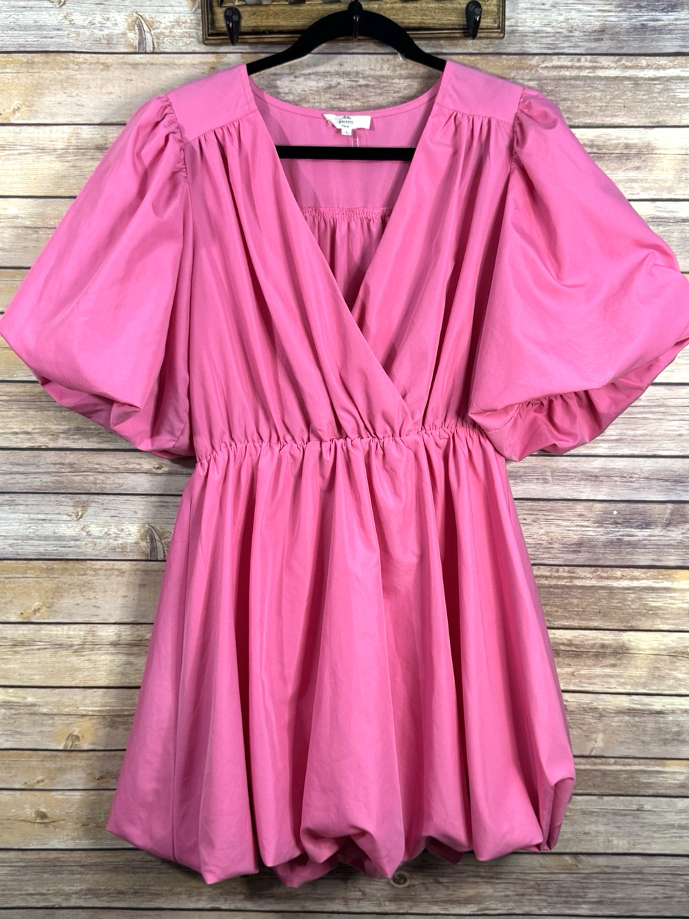 Entro Womens Bright Pink V-Neck Puff Sleeve Bubble Hem Mini Dress L